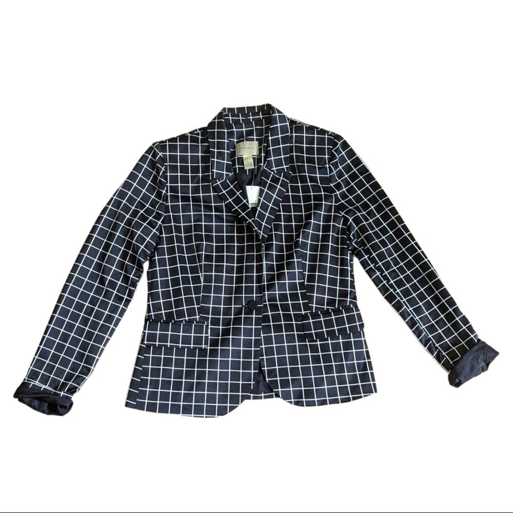 Forever 21 Black Sateen Windowpane Print One Button Blazer Suit Jacket NWT